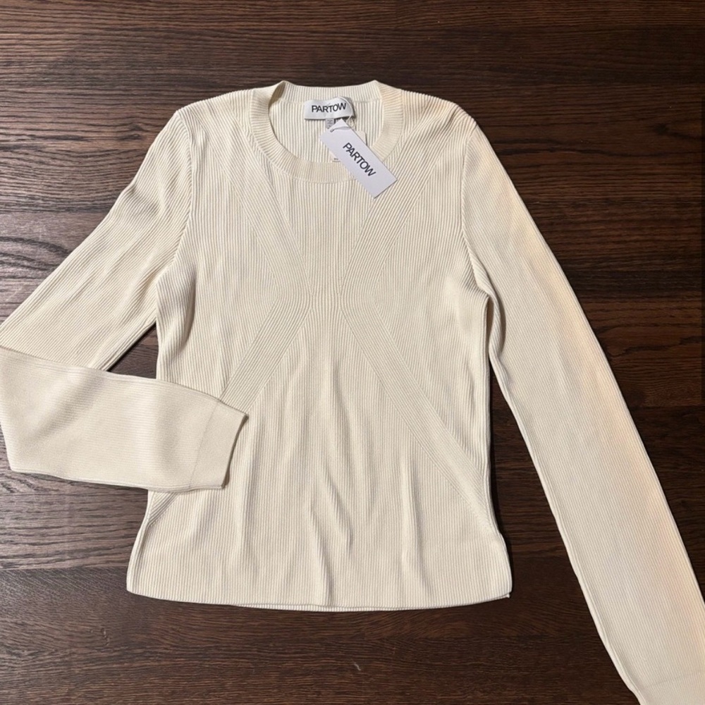 NWT Partow Krista Crew Sweater Cream White Long Sleeve Rib Top Italian Designer - Picture 4 of 7